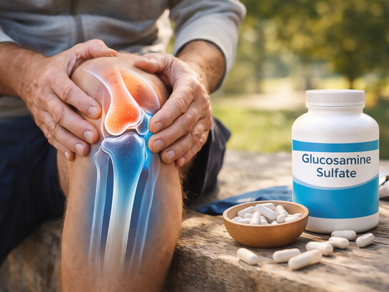 An adult gently supports a sore knee, illustrating the everyday reality of joint strain and the growing interest in glucosamine for long-term joint support