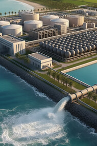 A large-scale desalination plant efficiently processes seawater, converting it into fresh water for various uses, with the returned brine visibly re-entering the ocean