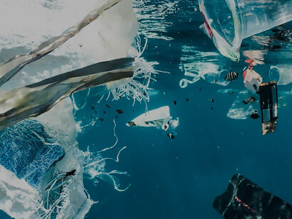 In Indonesia, a group of garbage floats in the ocean, depicting the dire issue of plastic pollution and its impact on juvenile fish.