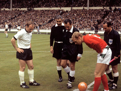 West Germany captain Uwe Seeler and England skipper Bobby Moore before kick-off in the 1966 World Cup final at Wembley