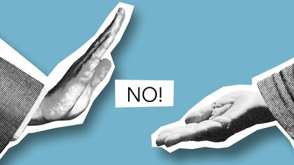 A firm hand blocking an extended palm with a bold “No!” in between, illustrating the strength to say no when it matters