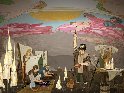 Ghirlandaio’s workshop, illustration by Sabrina Gabrielli