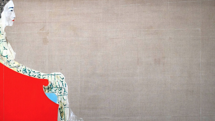 Jason Noushin, Sonnet III, 2016, oil, ink, cement, plaster, pencil. tea and encaustic on linen, 46 x 72 inches. 