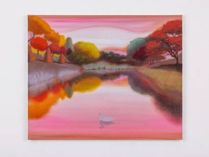 Guimi You, Autumn Lake, 2023. Oil on linen, 20.87 x 25.63 inches, 53 x 65.1 cm. Courtesy of the artist and Lehmann Maupin, New York, Hong Kong, Seoul, and London. Photo by Creative Resource