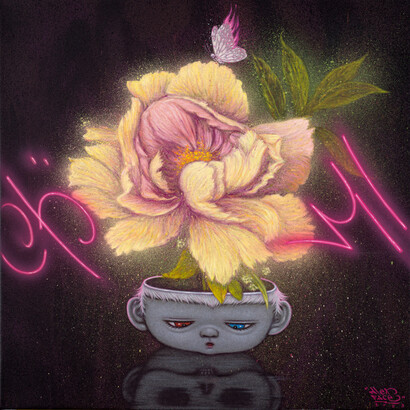 Alex Face, Rising Peony, 2023, acrylic, spray, oil on linen 60x60 cm, © 2023 Alex Face. Courtesy the artist, Bangkok CityCity Gallery and Dorothy Circus Gallery