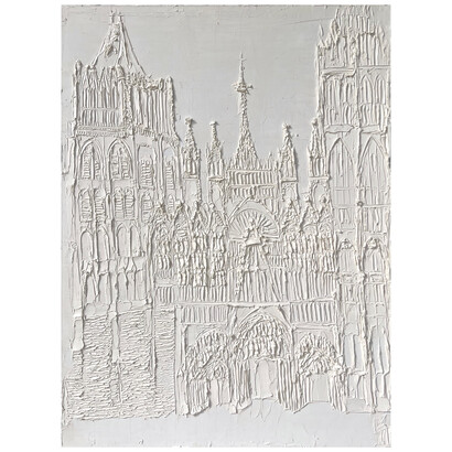 Brooke Major, Rouen Cathedral, 1 (the west front), 2023, oil on canvas (white on white), 48x36 inches. Courtesy the artist and Thomas Deans Fine Art