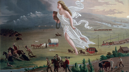 John Gast, American Progress (1872, detalle). Alegoría del Destino Manifiesto: la creencia del siglo XIX según la cual Estados Unidos estaba llamado a expandir su territorio, su poder y su modelo político por todo el continente americano