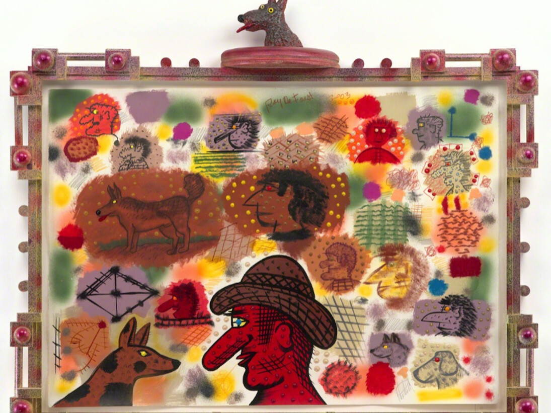 Roy De Forest, Untitled, 2003, acrylic and mixed media on paper with artist designed frame, 42 x 48 x 5 inches. Courtesy of Brian Gross Fine Art