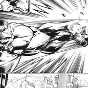 Una spettacolare doppia tavola in cui Hulk scaglia Iron Man a chilometri di distanza con uno dei suoi pugni. Il disegno è di Mark Bagley. Per gentile concessione di Anna Defrancesco comunicazione