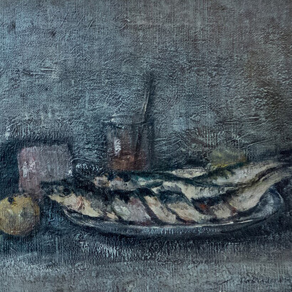 “Still Life with a Herring”, undated, oil on canvas by Mikhail Ksenofontovich Sokolov (1885–1947), I. V. Savitsky State Museum of Art, Nukus, Uzbekistan