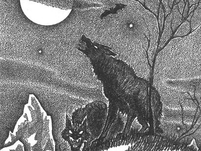 Illustration of two menacing wolves under the moon. Illustration by Boris Dolgov to accompany "Satan's Bondage" by Manly Banister in Weird Tales