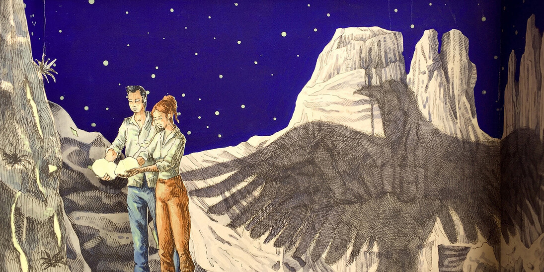 Vanni Cuoghi, Monolocale 66, 2017, Fluoro nel deserto, acrilico e acquerello su carta, cm 35x50. 