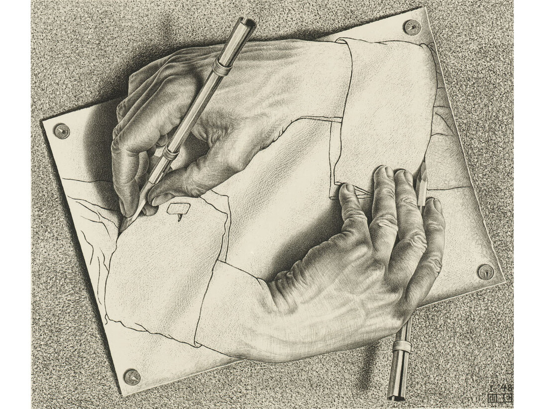 M.C. Escher, Drawing Hands, 1948, Lithograph, 28.2 x 33.2 cm, Gemeentemuseum Den Haag. All M.C. Escher works copyright © The M.C. Escher Company B.V. -Baarn-the Netherlands. All rights reserved. www.mcescher.com