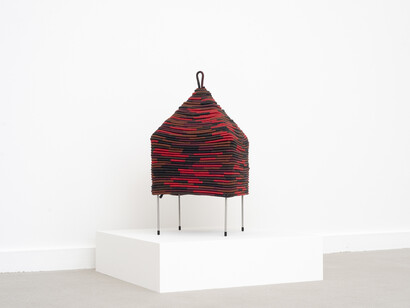Stephen Burks, Cozy, 2023, Hand- coiled cotton rope wrapped in waxed thread,
steel, 23 1/2 x 12 x 12 inches