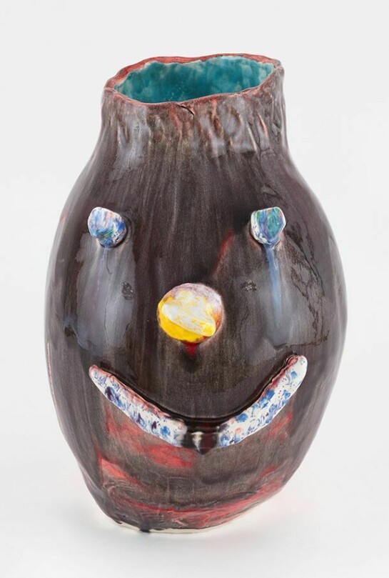 Dan McCarthy, Untitled Ceramic Facepot #38, 2013, Low fire clay and crystal glaze with enamel paint, 16 3/4 x 10 3/4 inches. Courtesy Anton Kern Gallery, New York