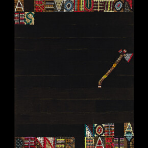 Jeff Perrone, A Revolution Is Not a Dinner Party, 2021, buttons, thread and mud cloth on canvas, 
60x48 inches, Jamie M. Stukenberg Photography. Courtesy of Corbett vs. Dempsey