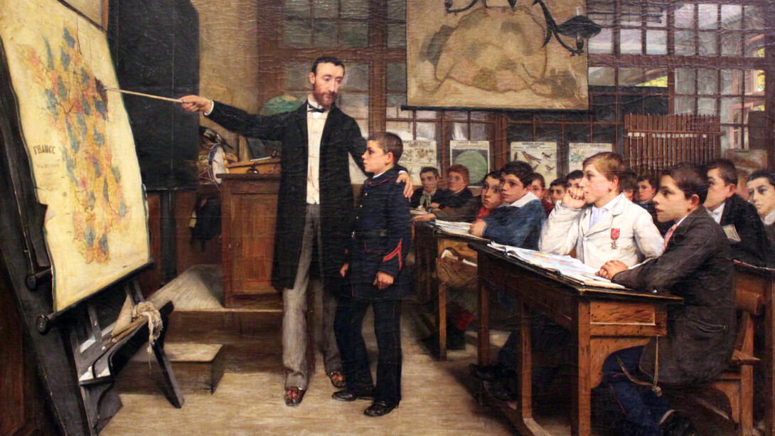 Este cuadro de Alphonse-Marie-Adolphe de Neuville de 1871 muestra a un profesor recordando a escolares franceses las provincias de Alsacia y Lorena, perdidas tras la guerra franco-prusiana de 1871

s