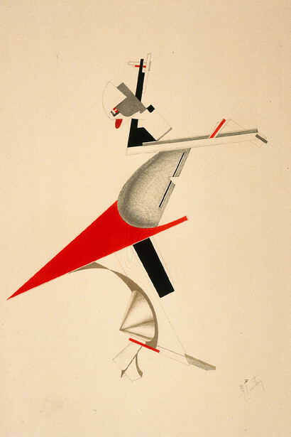 El Lissitzky, The Sentinel from The Three-Dimensional Design of the Electro-Mechanical Show 'Victory over the Sun', 1923, lithograph on paper. Van Abbemuseum, Eindhoven.
