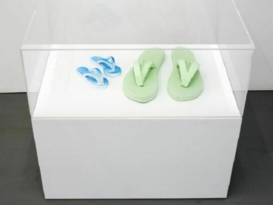 Andreas Slominski, "Moon Boots," 2012, Four styrofoam flip-flops and paint, 3.5 x 15 x 14.5 inches