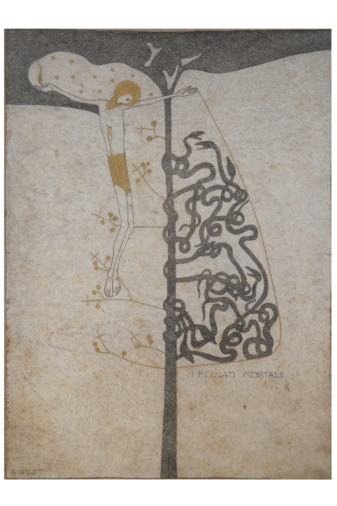 Les péchés mortels (I Peccati mortali), 1913, Encre et or sur parchemin, 26,6 x 19,3 cm, avec cadre : 43 x 35 cm, Padoue, coll. part., Courtesy Galleria Gomiero Padova-Milano © Photo : Marzio De Santis