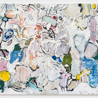 Eddie Martinez, Recent Growth, 2023, Oil,
acrylic, spray paint and silkscreen ink on linen, 72 by 108 in. 182.9 by 274.3 cm. © Eddie
Martinez. Courtesy of the artist and Mitchell-Innes & Nash, New York.