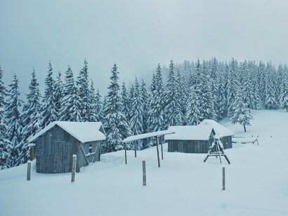 The quiet serenity of a snow-covered countryside village in Russia, where time seems to slow down under the soft, icy embrace of winter