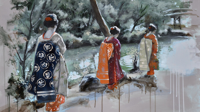 Porta Tom, Three women in the garden, 2022, acrilico su tela, 80x120 cm