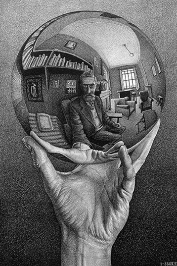 Maurits Cornelis Escher
Mano con sfera riflettente, 1935
Litografia, 31,1×21,3 cm
Collezione privata USA
All M.C. Escher works © 2019 The M.C. Escher Company The Netherlands. All rights reserved