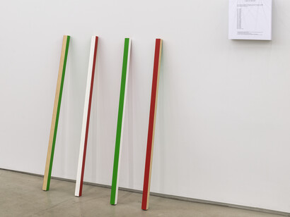 Julien Bismuth, A train of thought, 2011, Wood and paint, In 4 parts: 39 3/8 x 2 x 2 inches each. Overall dimensions variable. Courtesy of the artist; Simone Subal Gallery, New York; Lisa Cooley, New York. Photography by Cary Whittier