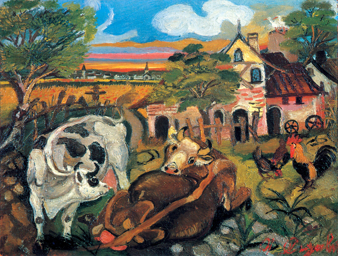 Antonio Ligabue, Fattoria con animali, olio su tavola di compensato, 1943-1944, 30 x 40 cm