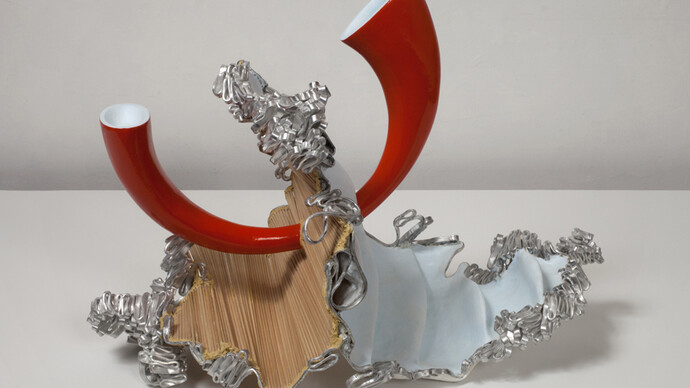 John Newman, Ask the fact for the form (red collapse), 2011, extruded aluminum, wood, Japanese paper, papier-mâché, wood putty, aqua resin, epoxy paste, acrylic and enamel paint, 18 x 24 x 12 inches