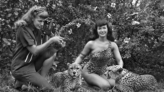Bettie Page com dois cheetah e a fotografa Bunny Yeager, 1954