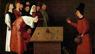 Una pintura del Bosco resume la forma de actuar de los trileros mediáticos: obsérvese al carterista cómplice del prestidigitador