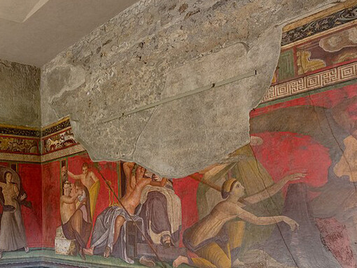 La tentativa de refundación fue un fracaso, ya que el sitio nunca volvió a ser el centro vital que había sido antes de la erupción. Sala de los Misterios, villa de los Misterios, antigua ciudad de Pompeya, Italia