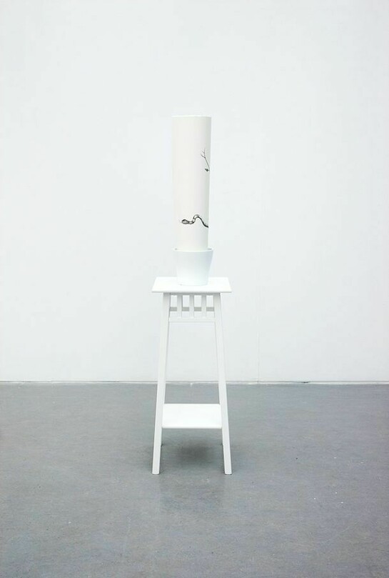 Sarah Woodfine, How to grow an apple tree, 2014, plant stand, plant pot, pencil on Saunders Waterford paper, 150 x 32 x 32 cm