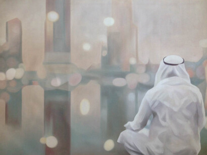 Tom Notman, Man at Al Hamra Fountain, Oil on Canvas, 33" x 47"
