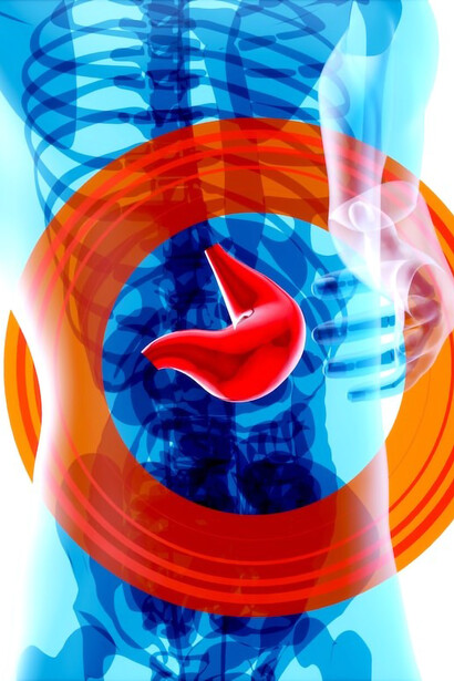 A skeleton with a red circle around it's stomach