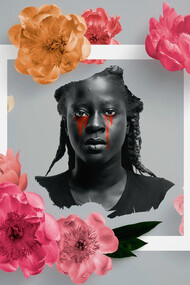 An African American woman shedding red tears from her eyes