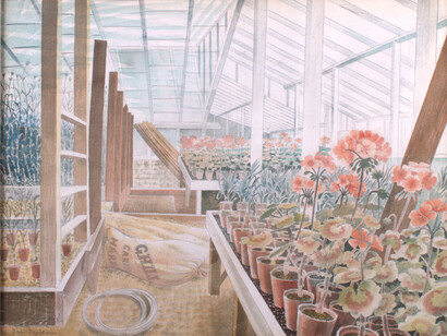 Eric Ravilious, Geraniums and Carnations, 1938, Watercolour and pencil on paper, Private Collection, on long loan to The Fry Art Gallery