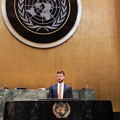 President of the 28. Jun organization, Filip Filipi, addresses the United Nations
