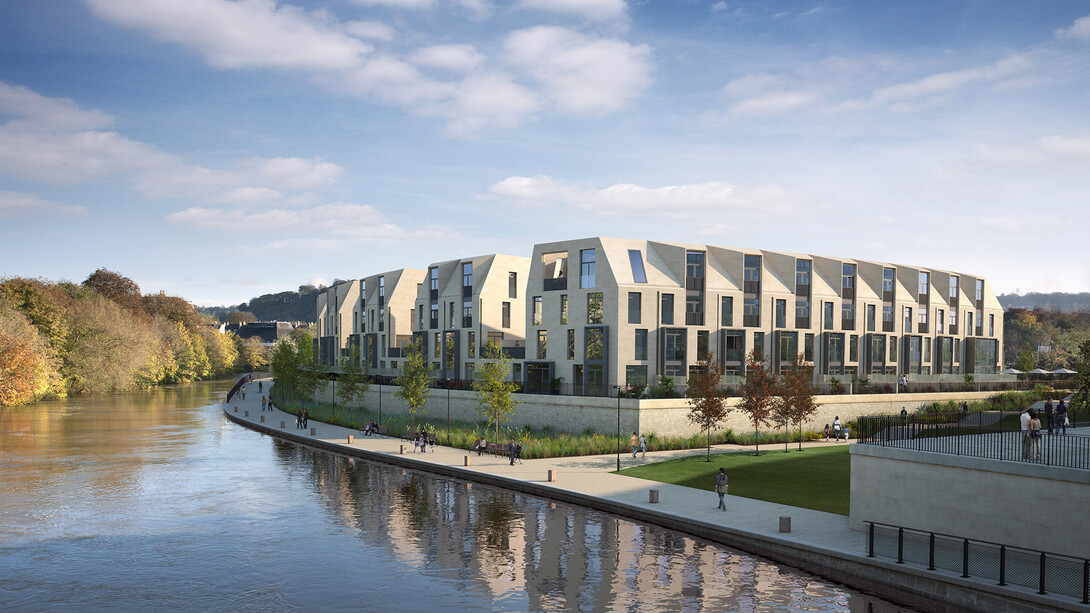 Alison Brooks, Western Riverside housing, Phase 3, currently on site, about 75% complete, Bath Riverside, a Crest Nicholson scheme due for completion in 2015. Architects: Alison Brooks Architects. Visualization © Alison Brooks Architects