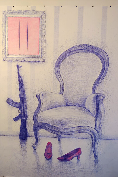 Antonio Riello, Il mio Primo Fontana, 2021, 250 x 180 cm, blue and red ballpoint pen on paper
