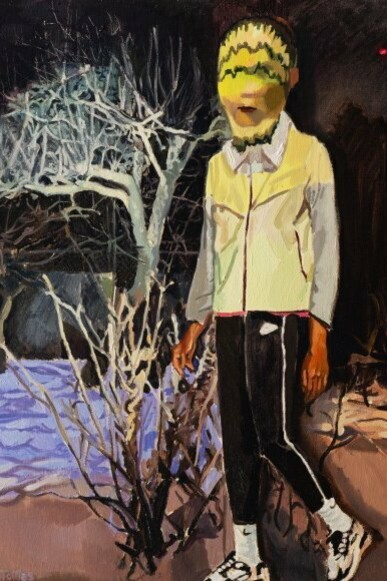 Jakub Tomáš,
The Cucumber Mask (detail), 2023,
Oil on canvas,
31.50h x 23.50w in.,
80h x 59.69w cm. Courtesy of the artist and Asya Geisberg Gallery