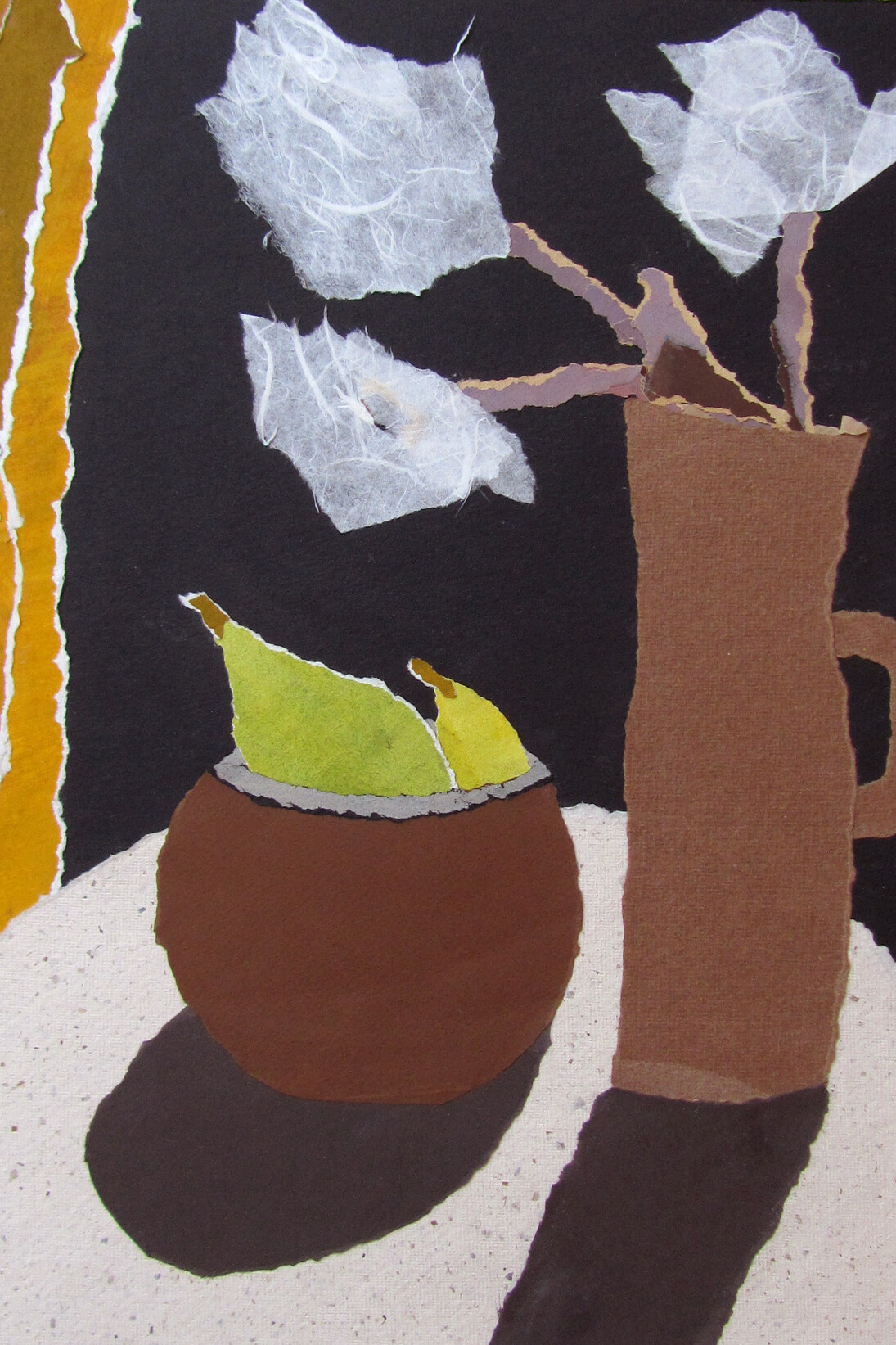Rosemary Burton, Flowers and yellow curtain 
