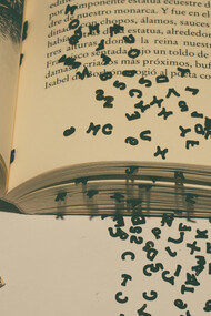 The open pages of a book with words tumbling out, representing the questionable nature of modern education