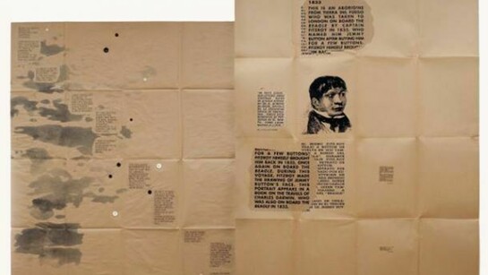Eugenio Dittborn, Viajar, sin Embargo. Airmail Painting No. 178 1986-2007 tincture, buttons, ink and photosilkscreen on 2 sections of kraft paper 80 x 115 1/2 in/203.2 x 293.4 cm. Courtesy Alexander and Boni Gallery