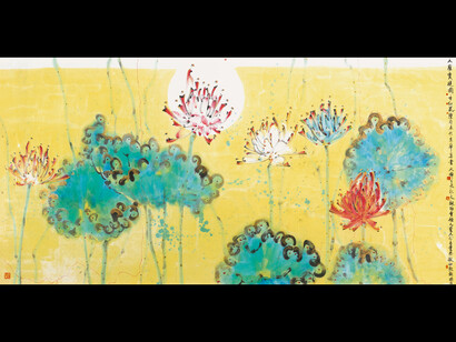 Dachan, Da Luo Bao Jing Lotus, 2011, Ink and colour on paper, 69×138cm. Courtesy the artist.