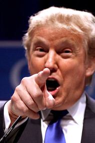 Former President Donald Trump pointing at a the crowd at a press conference