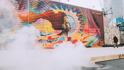 Arte profissional de artista urbano é exposta em portão de rua
