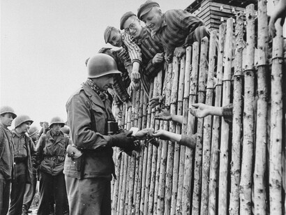 The US military rescuing Jewish people. Auschwitz concentration camp, Oświęcim, Poland